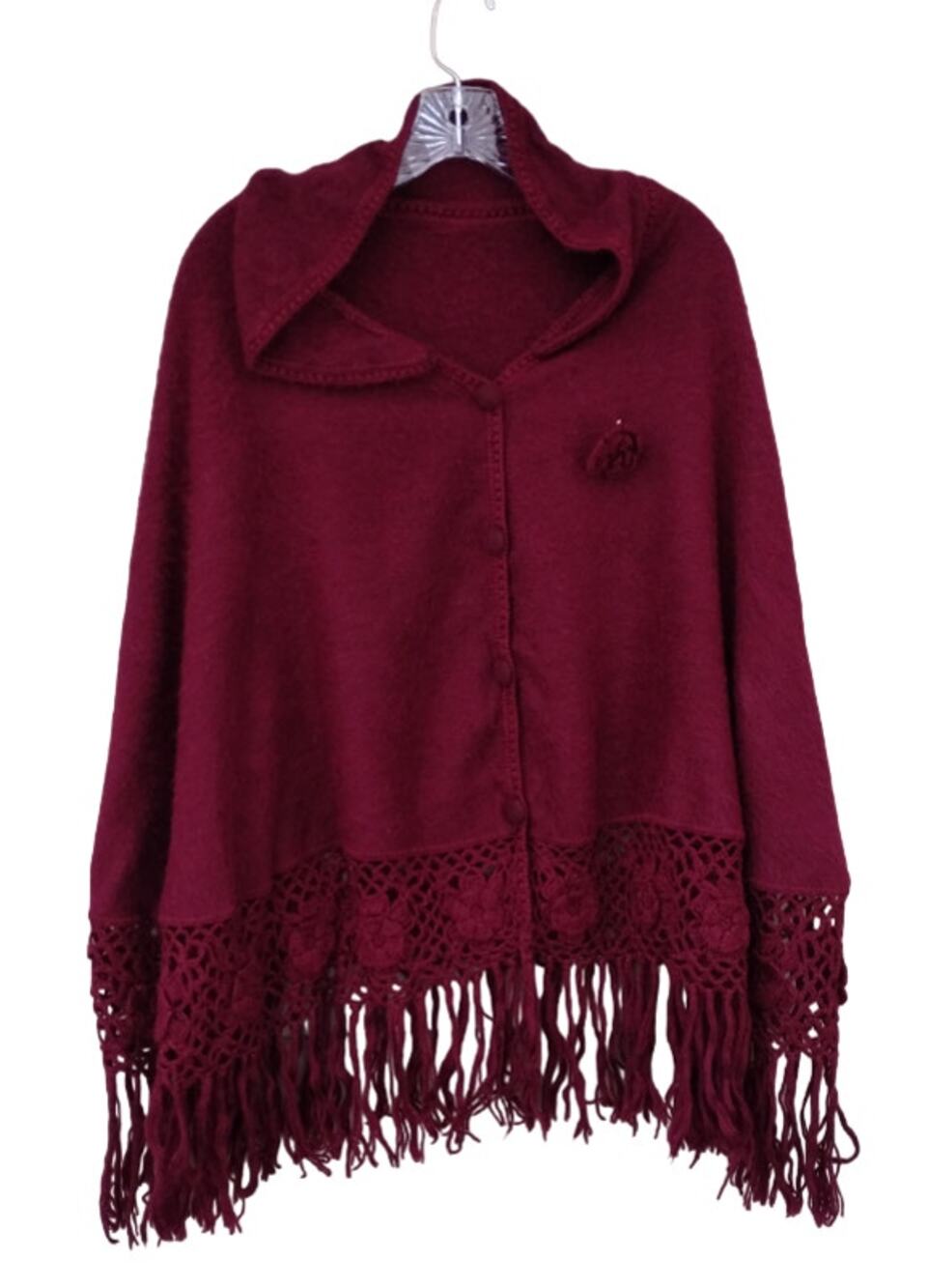 Alpaca Peru Diana Poncho Cloak Cape Crochet Fringe Brushed Rustic Burgundy O/S